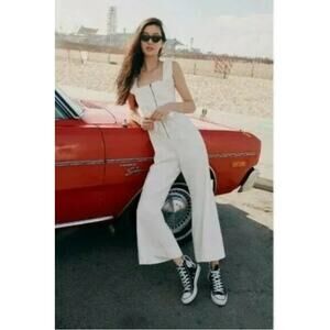 Free People Sun Valley Jumpsuit Wide Leg Ruffle Straps Ivory Womens Sz 6